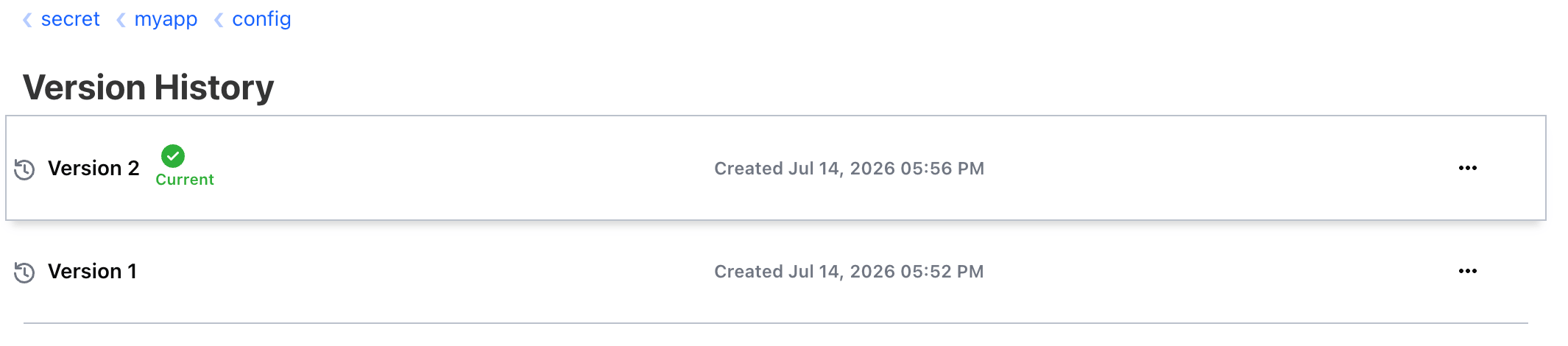 OpenBao UI — secret/myapp/config Version History