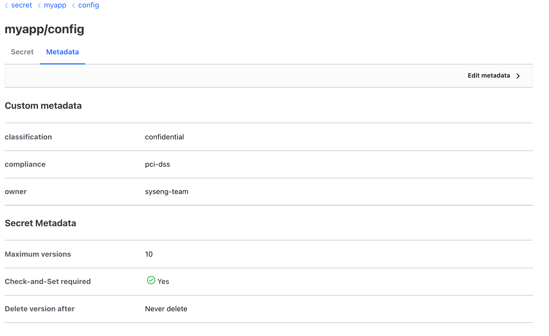 OpenBao UI — secret/myapp/config Metadata